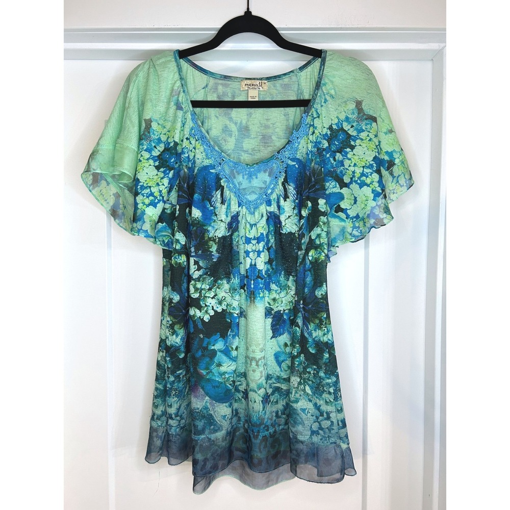One World‎ Women Teal Blue Floral Flutter Sleeve Lace Trim Tunic Top Medium